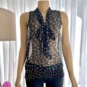 Myth NYC Sheer Black Sleeveless Blouse Front Tie Size M Medium Birds